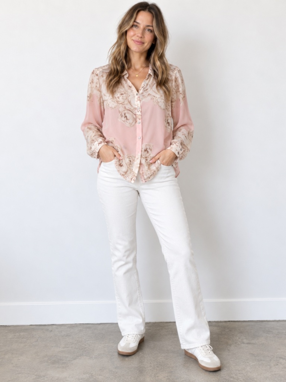 Rose & Olive Pink and Cream Floral Button-Down Blouse
